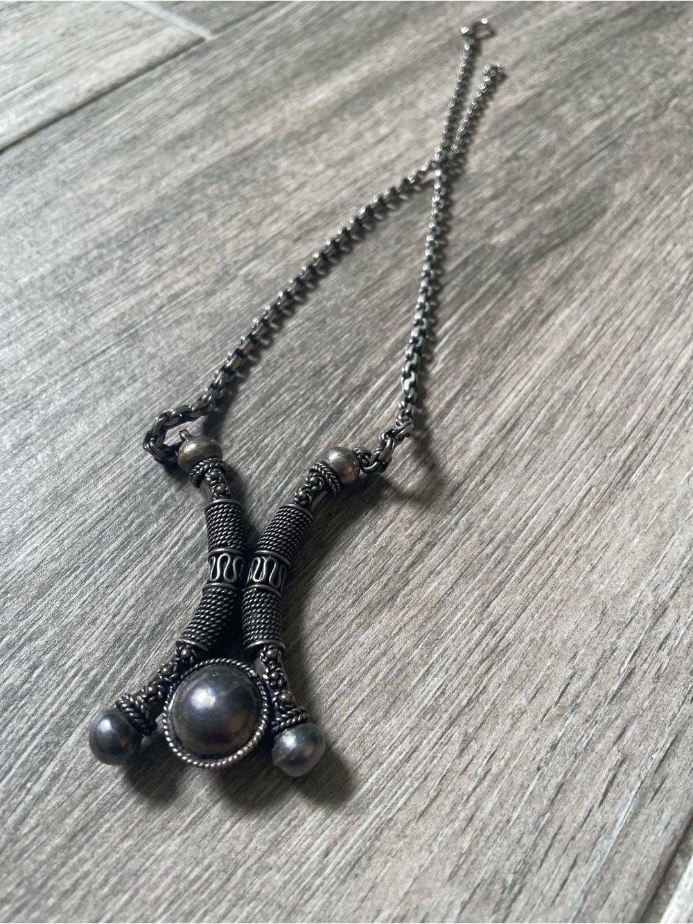 Oxidized Silver-Tone Pendant Necklace with Textured Tubes and Bead Accents